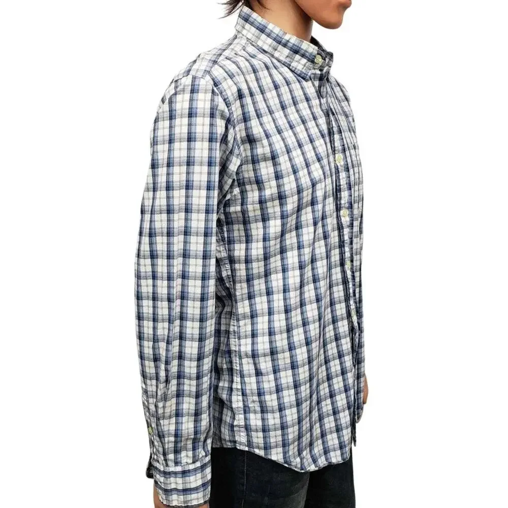 J. Crew Shirt Washed Tailored Fit Men M Blue Plaid Long Sleeve Collar Stay